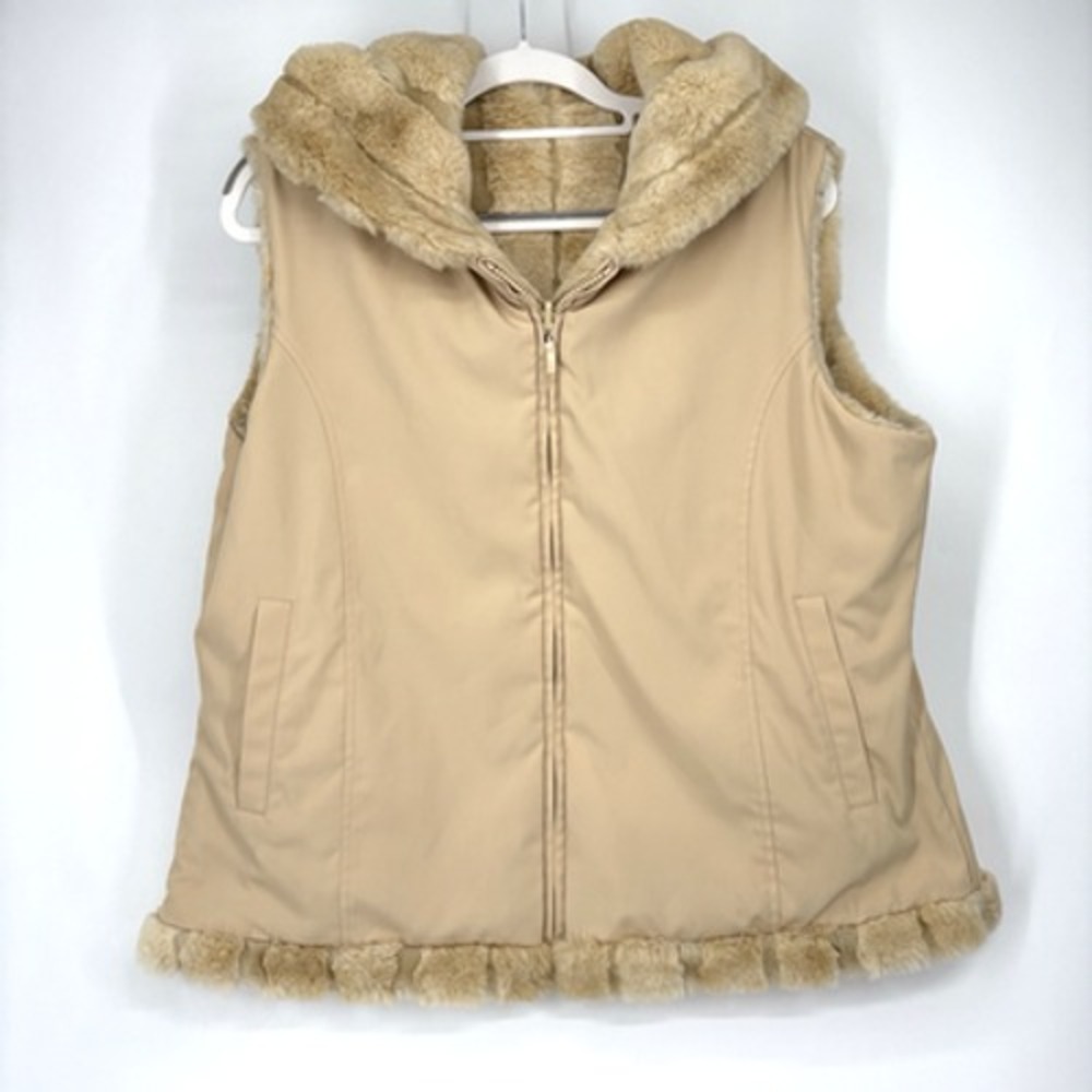 Kristen Blake Reversible Vest Womens Large Tan Faux Fur Hooded